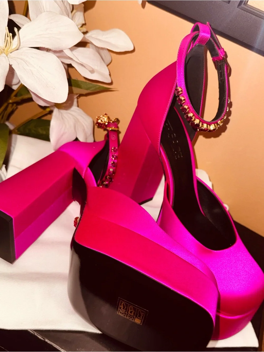Versace Hot Pink Platform Mary Jane Heels with Gold Chain Ankle Strap